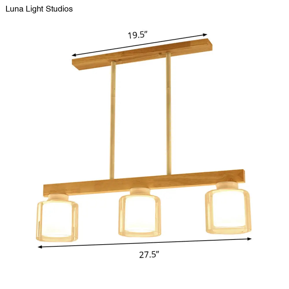 DecorBites™ Nordic Linear Wood Island Light with White Glass Shades - 3/4 Heads - Dining Room Hanging Lamp