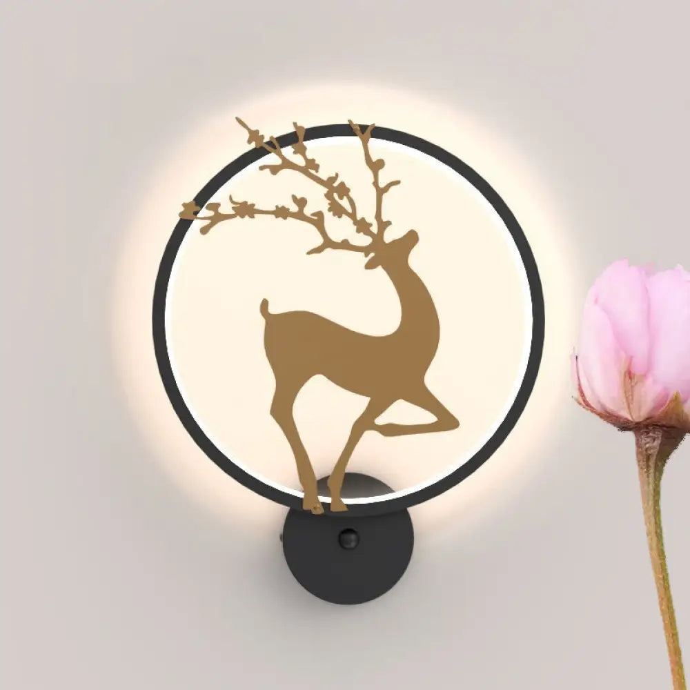 DecorBites™ Nordic Metallic LED Wall Light with Elk Mural Design for Bedroom, Black Ring