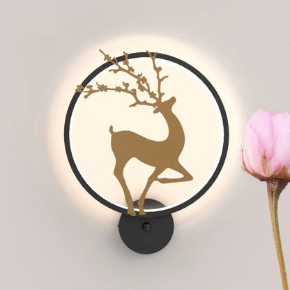 DecorBites™ Nordic Metallic LED Wall Light with Elk Mural Design for Bedroom, Black Ring