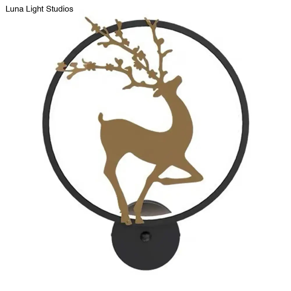 DecorBites™ Nordic Metallic LED Wall Light with Elk Mural Design for Bedroom, Black Ring