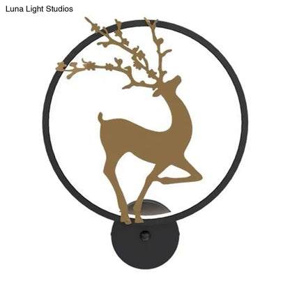 DecorBites™ Nordic Metallic LED Wall Light with Elk Mural Design for Bedroom, Black Ring