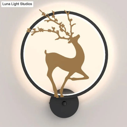 DecorBites™ Nordic Metallic LED Wall Light with Elk Mural Design for Bedroom, Black Ring
