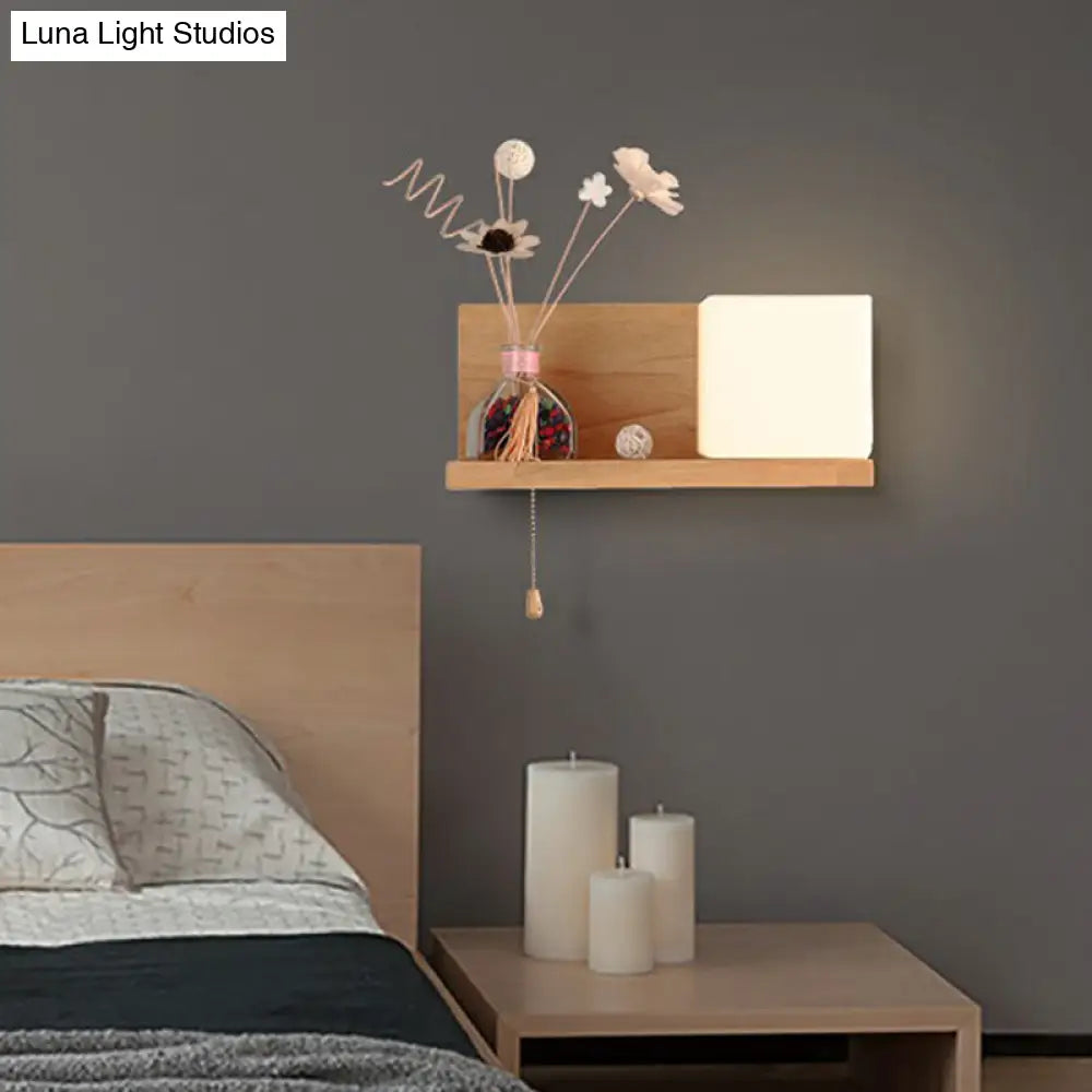 DecorBites™ Nordic Milk Glass Cube Wall Sconce with Wood Shelf, Pull Chain - 1-Bulb Wall Light