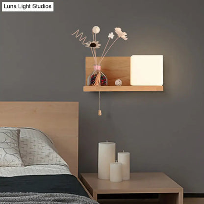 DecorBites™ Nordic Milk Glass Cube Wall Sconce with Wood Shelf, Pull Chain - 1-Bulb Wall Light