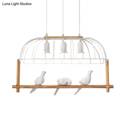 DecorBites™ Nordic Style 3-Light Island Pendant with Elongated White Iron Cage and Bird Stand