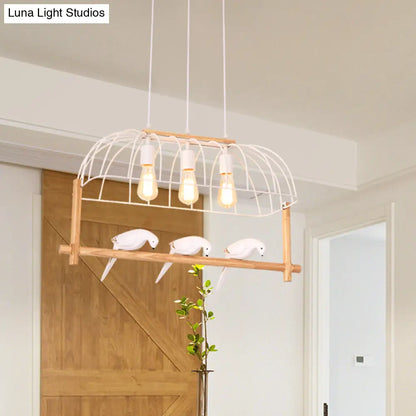 DecorBites™ Nordic Style 3-Light Island Pendant with Elongated White Iron Cage and Bird Stand