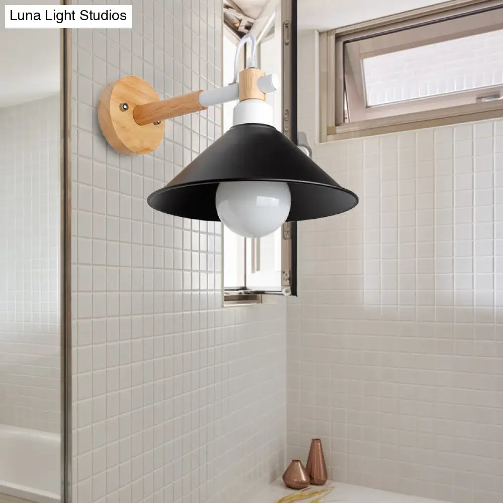 DecorBites™ Nordic Style Conic Wall Sconce with Wooden Backplate and Black Metallic Finish
