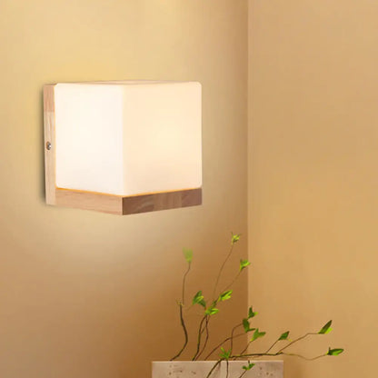 DecorBites™ Nordic Style Cube Shaped Sconce Lighting with White Glass Shade - 1-Light Bedside Wall Fixture