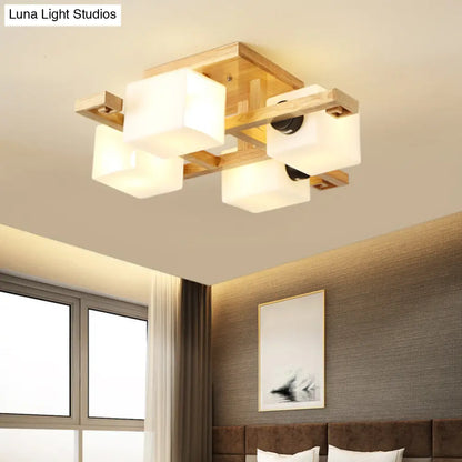 DecorBites™ Nordic Style Flush Mount Chandelier with White Glass and Wood Canopy for Living Room Lighting