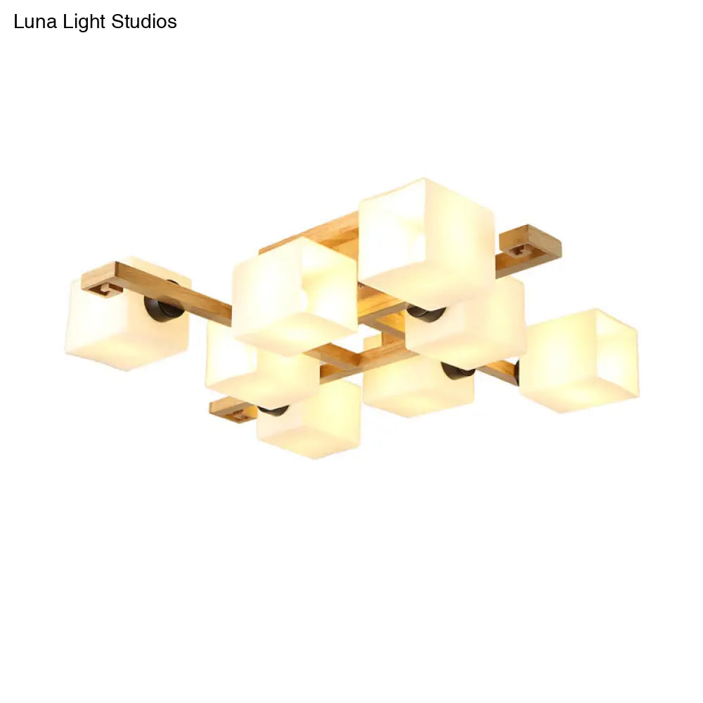 DecorBites™ Nordic Style Flush Mount Chandelier with White Glass and Wood Canopy for Living Room Lighting