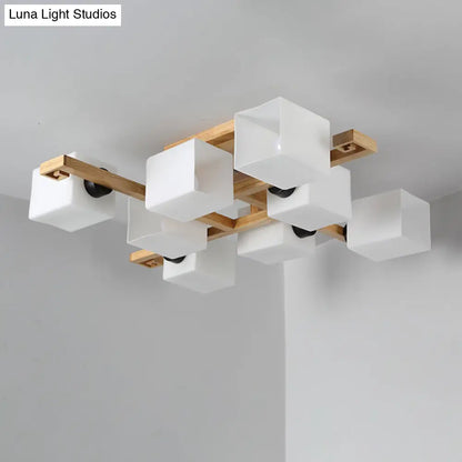 DecorBites™ Nordic Style Flush Mount Chandelier with White Glass and Wood Canopy for Living Room Lighting