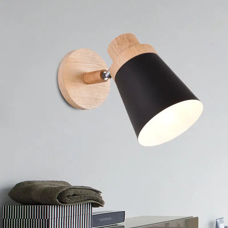 Nordic style gray and wood wall light for baby room with coolie shade