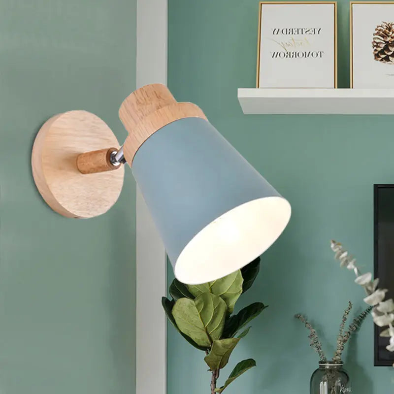 Nordic style gray and wood wall light for baby room with coolie shade