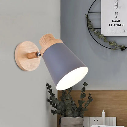 Nordic style gray and wood wall light for baby room with coolie shade