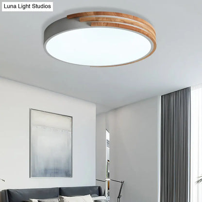 DecorBites™ Nordic Style Round Flush Mount Ceiling Light - Wood & Acrylic Fixture in Grey/White/Green, 16" Width