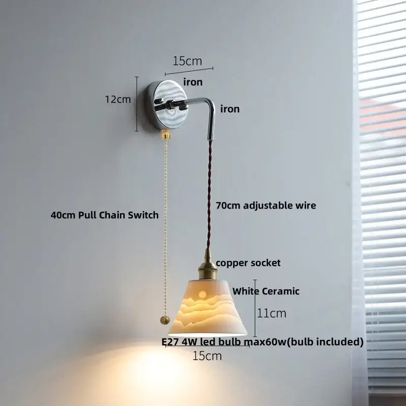 Nordic sunset glass ceramic led wall light bedroom with pull chain
