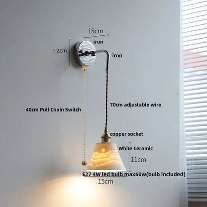 Nordic sunset glass ceramic led wall light bedroom with pull chain
