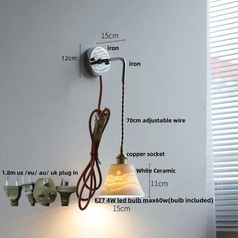 Nordic sunset glass ceramic led wall light bedroom with pull chain