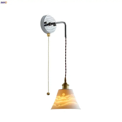 Nordic sunset glass ceramic led wall light bedroom with pull chain