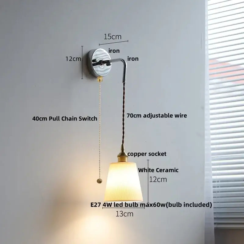 Nordic sunset glass ceramic led wall light bedroom with pull chain