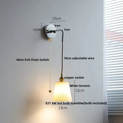 Nordic sunset glass ceramic led wall light bedroom with pull chain