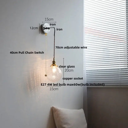 Nordic sunset glass ceramic led wall light bedroom with pull chain