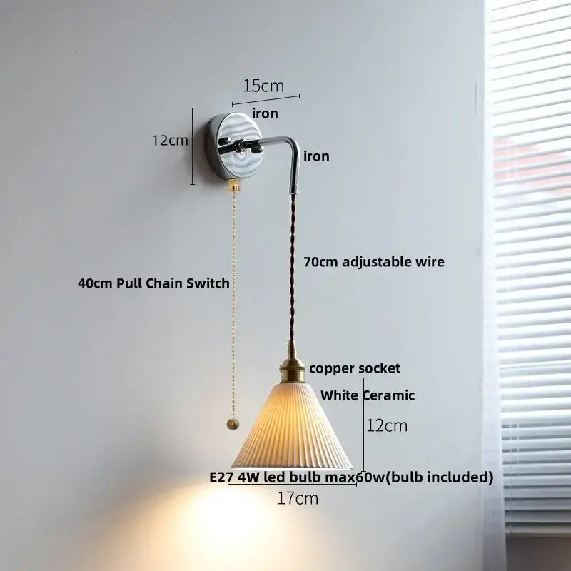 Nordic sunset glass ceramic led wall light bedroom with pull chain