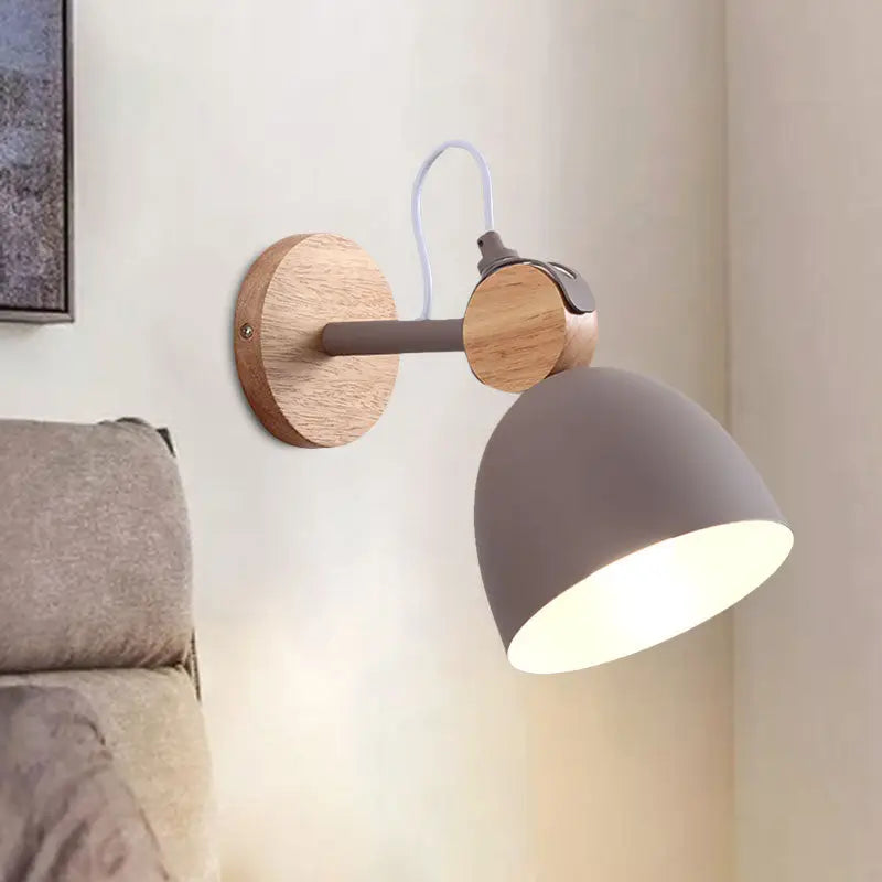 Nordic white and wood wall lamp with angle adjustable domed shade bedroom