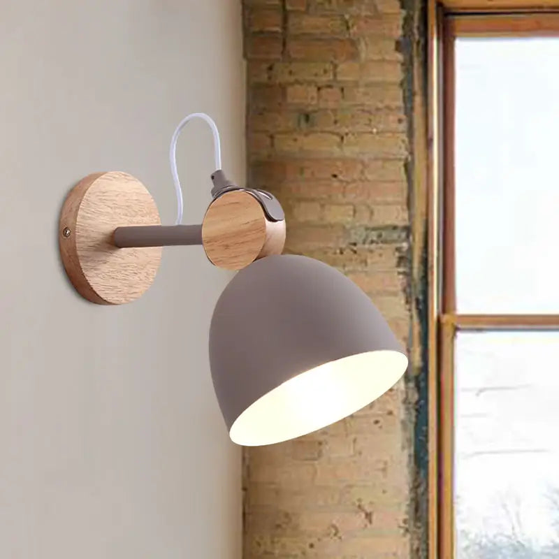 Nordic white and wood wall lamp with angle adjustable domed shade bedroom