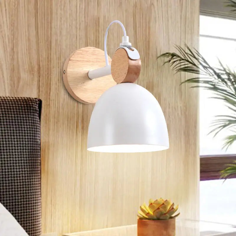 Nordic white and wood wall lamp with angle adjustable domed shade bedroom