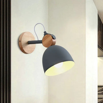 Nordic white and wood wall lamp with angle adjustable domed shade bedroom