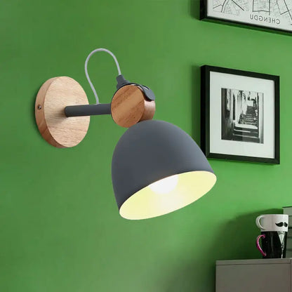 Nordic white and wood wall lamp with angle adjustable domed shade bedroom