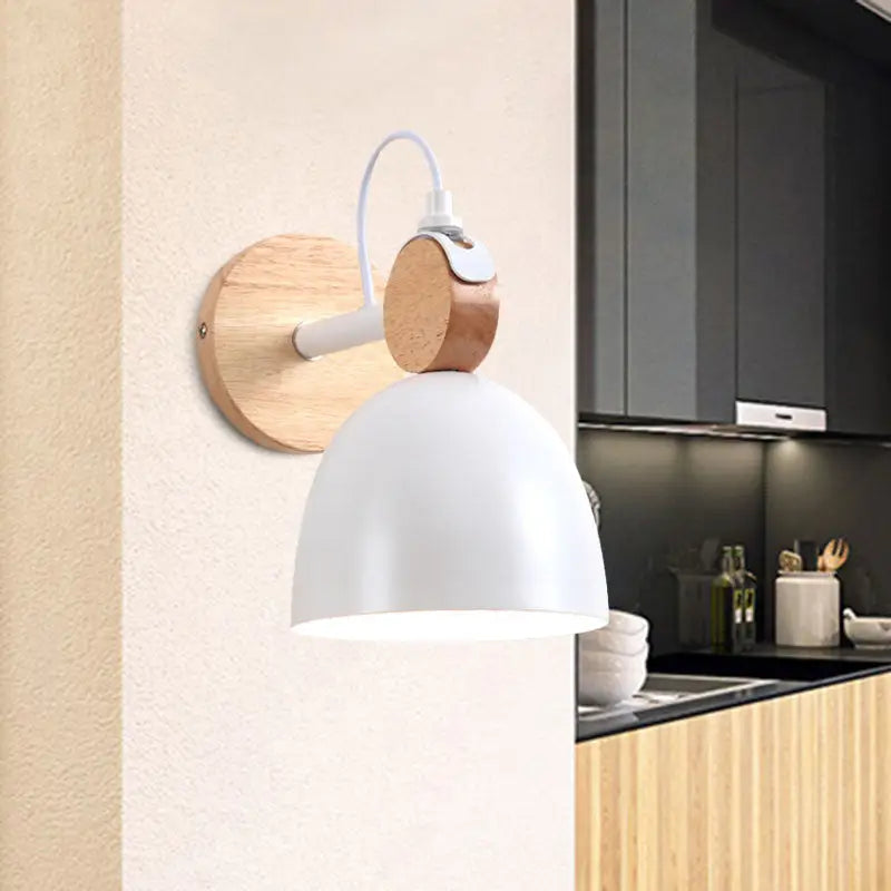 Nordic white and wood wall lamp with angle adjustable domed shade bedroom