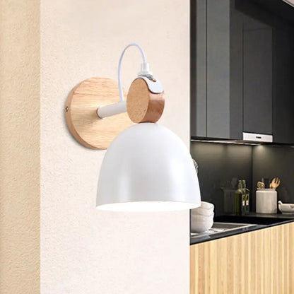 Nordic white and wood wall lamp with angle adjustable domed shade bedroom