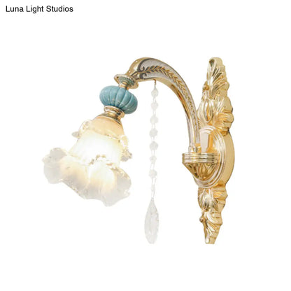 DecorBites™ Nordic White Glass Flower Wall Mount Light with Crystal Drop - Gold Accent, Ideal for Bedroom - 1/2 Lights