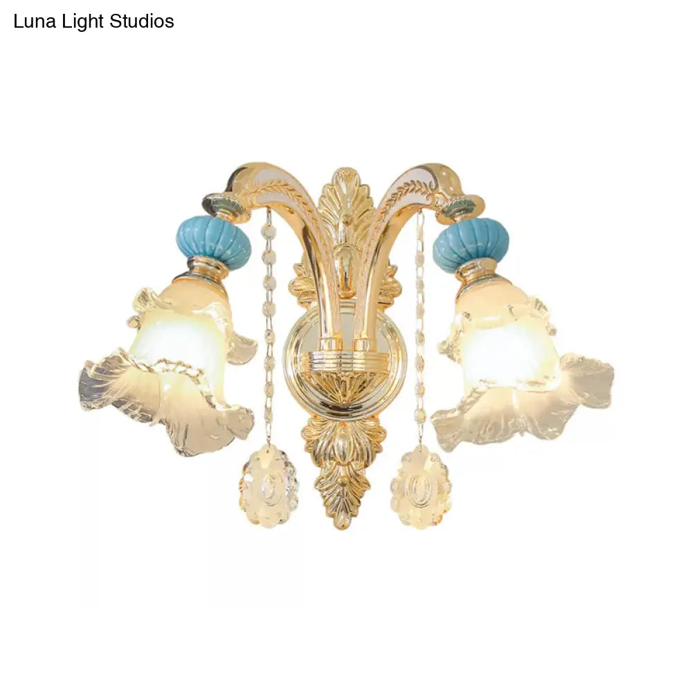 DecorBites™ Nordic White Glass Flower Wall Mount Light with Crystal Drop - Gold Accent, Ideal for Bedroom - 1/2 Lights