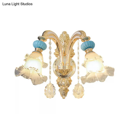 DecorBites™ Nordic White Glass Flower Wall Mount Light with Crystal Drop - Gold Accent, Ideal for Bedroom - 1/2 Lights