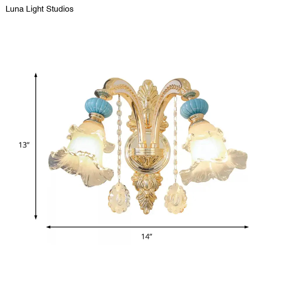 DecorBites™ Nordic White Glass Flower Wall Mount Light with Crystal Drop - Gold Accent, Ideal for Bedroom - 1/2 Lights