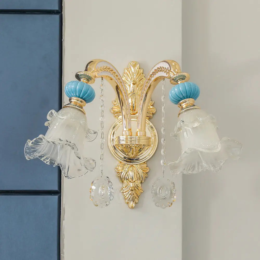 DecorBites™ Nordic White Glass Flower Wall Mount Light with Crystal Drop - Gold Accent, Ideal for Bedroom - 1/2 Lights