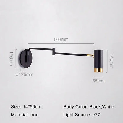 Nordic white & gold adjustable led swing arm wall light bedroom sconce