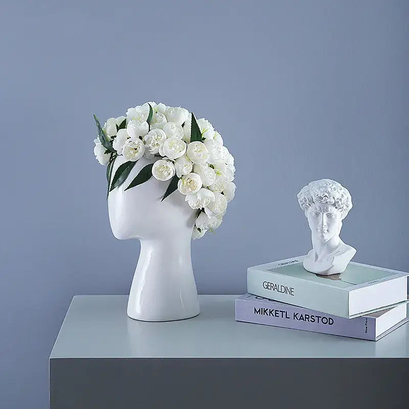 Nordic white human head ceramic vase living room flower decor