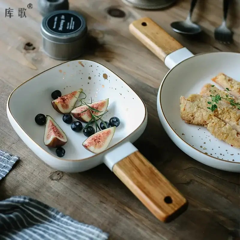 Nordic white speckled ceramic wood handle bowl dining room tableware