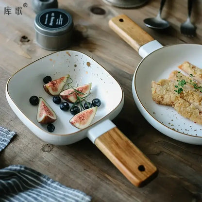 Nordic white speckled ceramic wood handle bowl dining room tableware