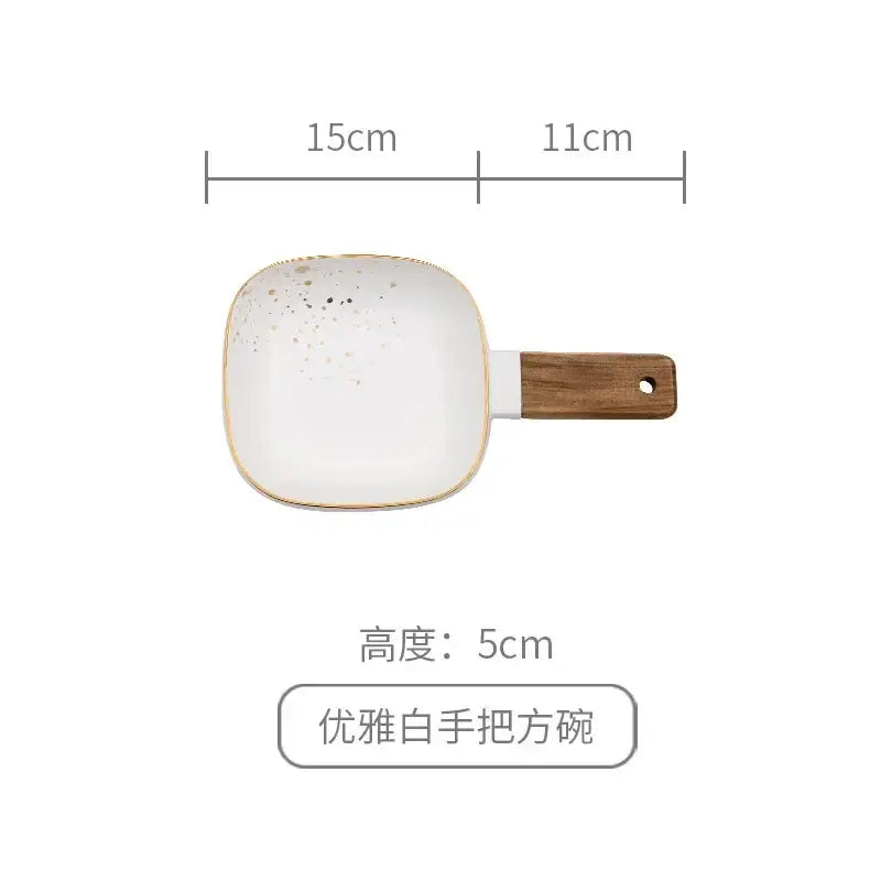 Nordic white speckled ceramic wood handle bowl dining room tableware