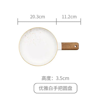 Nordic white speckled ceramic wood handle bowl dining room tableware