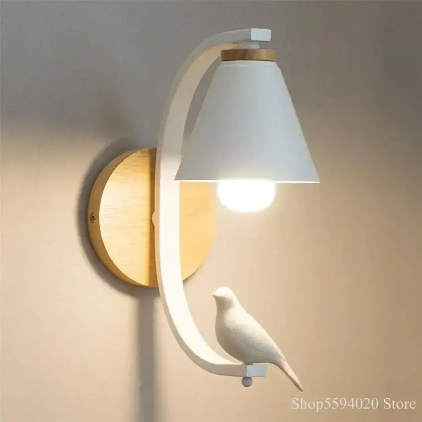 Nordic wood and ceramic birdie wall lamp bedroom light