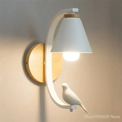 Nordic wood and ceramic birdie wall lamp bedroom light