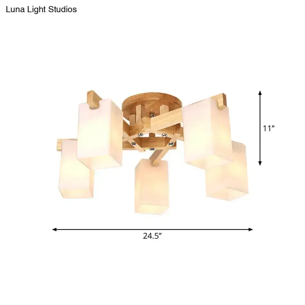 Nordic wood and cuboid cream glass ceiling lamp living room light