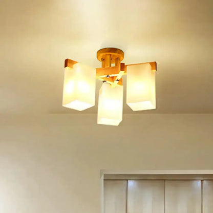 Nordic wood and cuboid cream glass ceiling lamp living room light