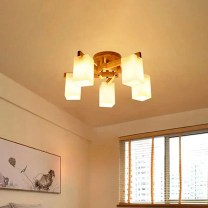 Nordic wood and cuboid cream glass ceiling lamp living room light